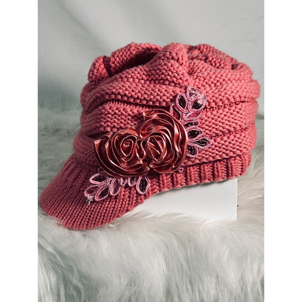 C.C Exclusives Pink Knit Newsboy Beanie Hat Floral Rosette Visor Cap YJ801